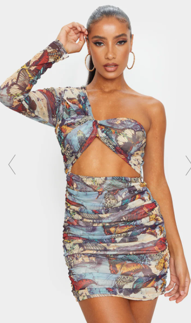 PRETTY LITTLE THING - MULTI BUTTERFLY PRINT MESH ONE SHOULDER DETAIL BODYCON DRESS
