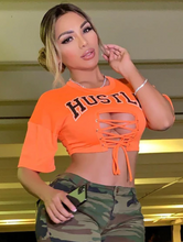 Load image into Gallery viewer, FASHION NOVA HUSTLE AND GRIND LACE UP CROP TOP IN NEON ORANGE
