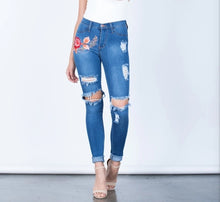 Load image into Gallery viewer, FASHION NOVA HIGH WAISTED EMBROIDERED RIPPED JEANS
