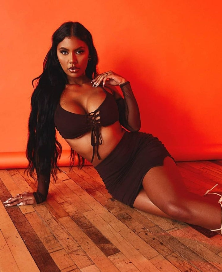 MISSY EMPIRE MARTHA LACE UP MESH CROP TOP MINI SKIRT IN CHOCOLATE