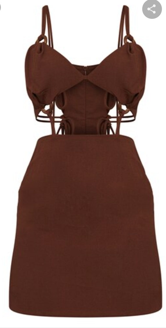 PRETTY LITTLE THING 'CHOCOLATE LINEN RING ROPE' MINI DRESS