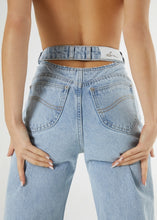 Load image into Gallery viewer, OH POLLY &#39;BACK ME UP&#39; CUT OUT BACK WIDE LEG DISTRESSED JEANS IN LIGHT BLUE WASH
