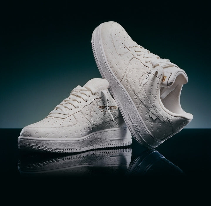 LOUIS VUITTON AND NIKE AIR FORCE 1 TRAINERS BY VIRGIL ABLOH IN WHITE