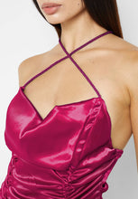 Load image into Gallery viewer, MANIERE DE VOIR RUCHED SATIN MINI DRESS - HOT PINK
