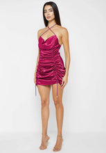 Load image into Gallery viewer, MANIERE DE VOIR RUCHED SATIN MINI DRESS - HOT PINK
