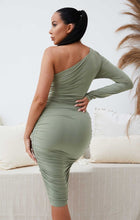 Load image into Gallery viewer, FEMME LUXE RUCHED ONE SHOULDER SLINKY MIDI IN SAGE GREEN

