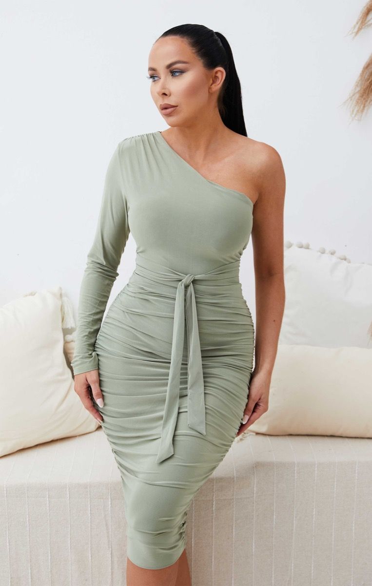 FEMME LUXE RUCHED ONE SHOULDER SLINKY MIDI IN SAGE GREEN